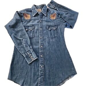 VTG DEE CEE Brand Embroidered Dark Denim Western Pearl snap cotton shirt 15/32